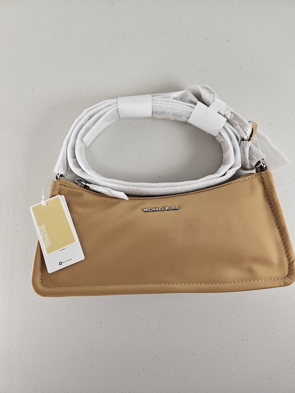 NWT Michael Kors Zadie Small East West Top Zip Crossbody Bag Tan